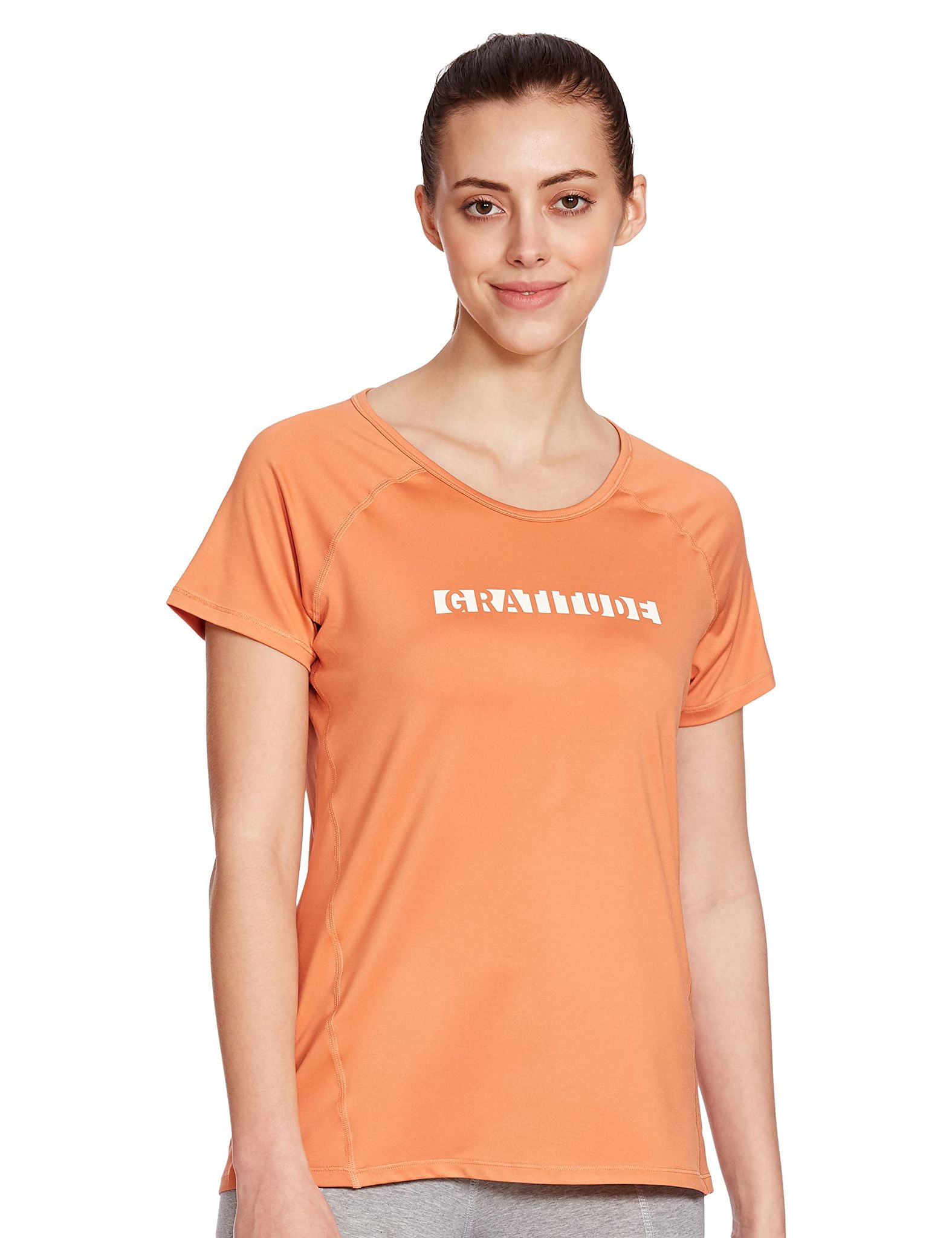 Enamor Athleisure Women's Polyester Relaxed Fit Long Length Raglan Sleeves Scoop Neck Quick Dry 4 Way Stretch Antimicrobial Graphic Tee - E163(E163-Cider W/ Gratitude-L)