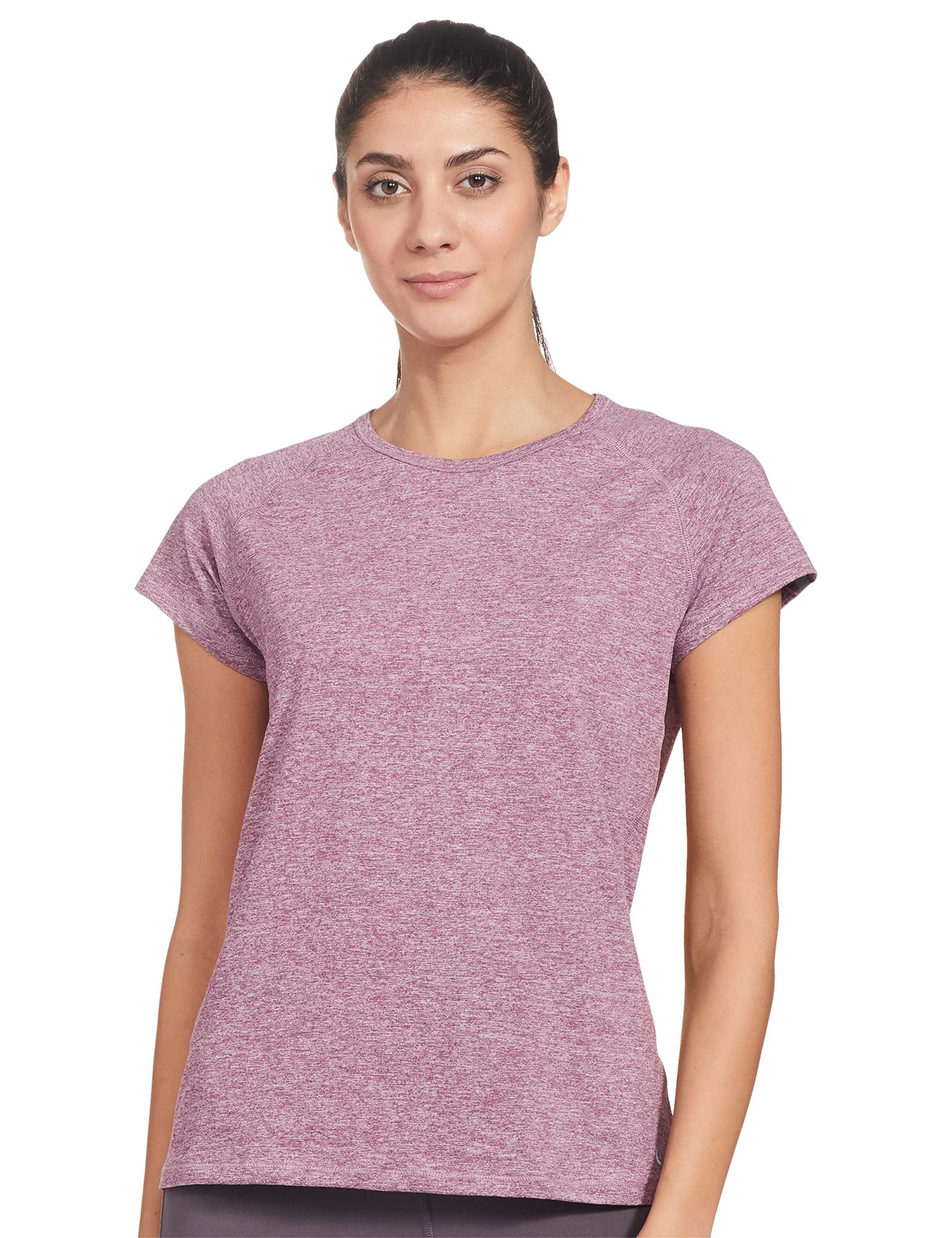 Enamor Athleisure Womens Raglan Sleeves Scoop Neck Slim Fit Quick Dry 4 Way Stretch Antimicrobial Active Tee with Reflective Graphic- E089-(E089_Orchid Violet Mel W/Balance_M)