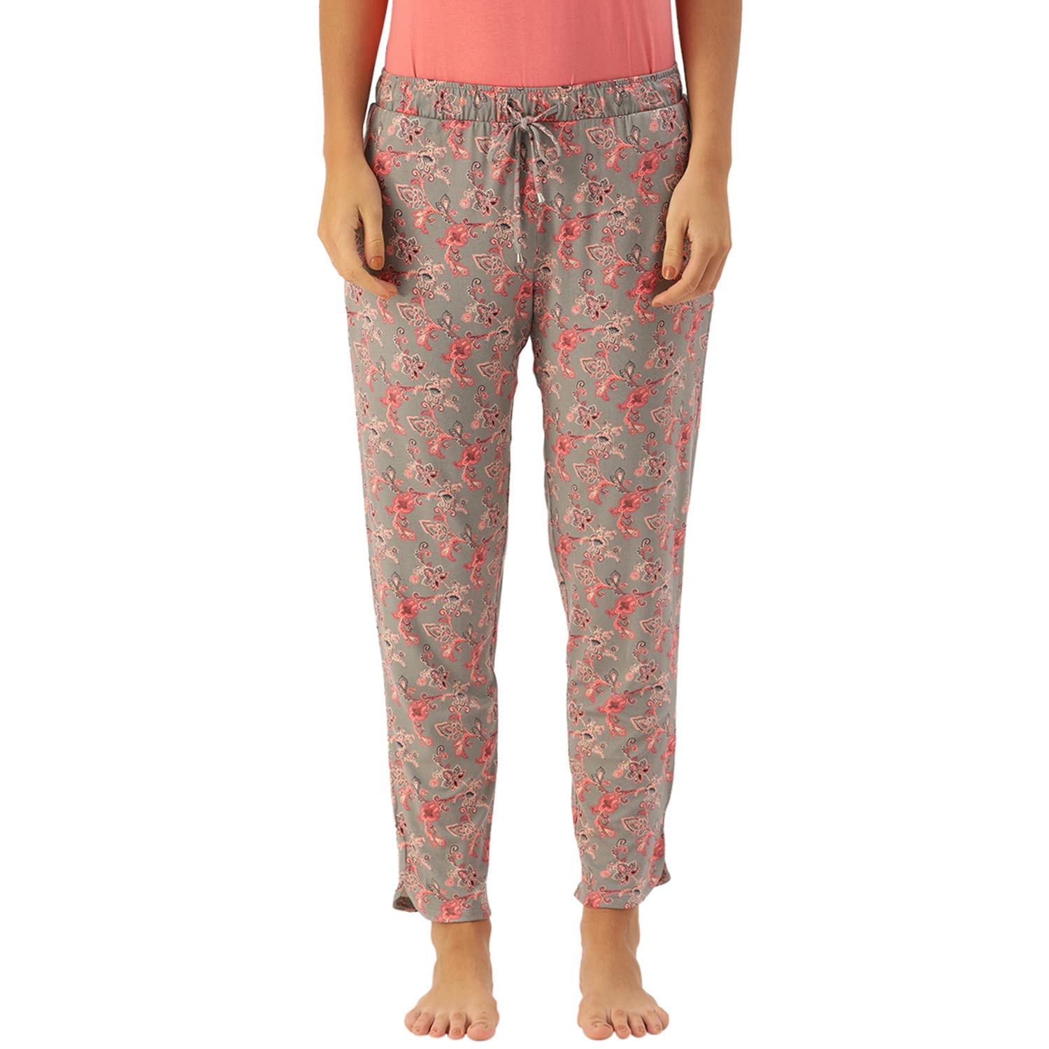 Enamor Essentials Women's Mid Rise 7/8th Relaxed Fit Soft & Drapey 4 Way Stretch Viscose Spandex Lounge Pants with 2 Side Pockets- E048(E048-Paisley AOP Ice Grey Combo-S)
