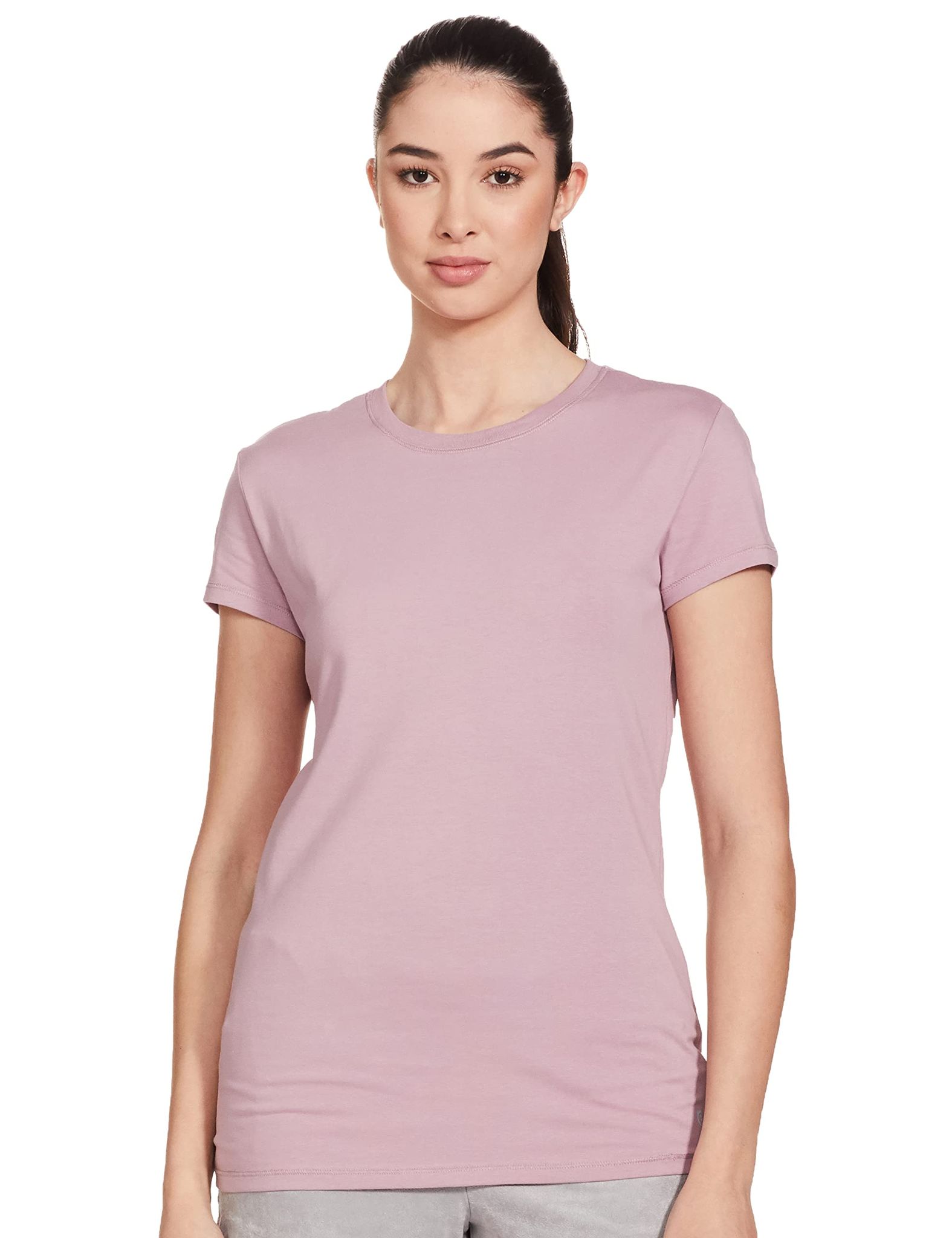 Enamor Essentials Women's Short Sleeve Crew Neck Slim Fit Regular Length Breathable Stretch Cotton Tee - E047