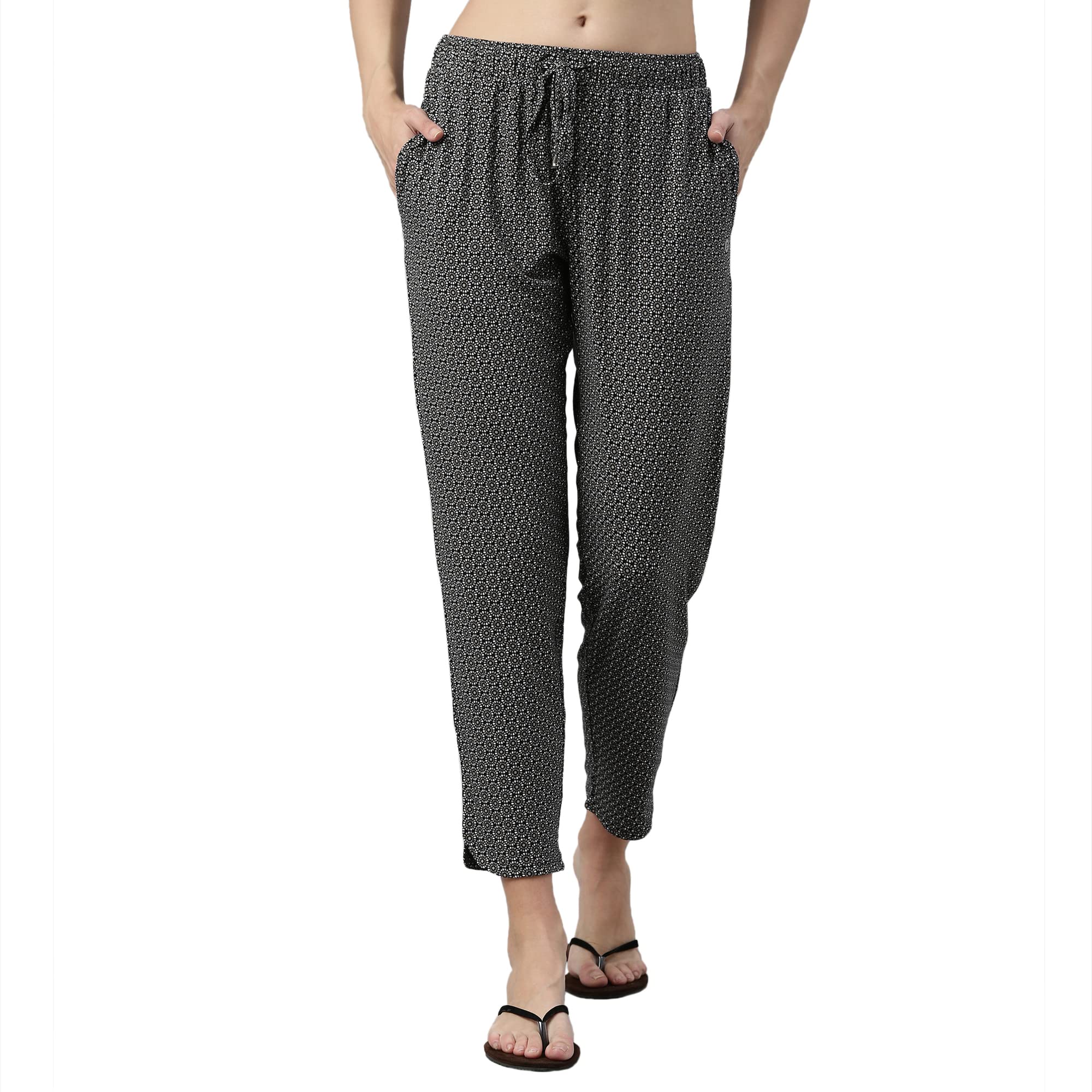 Enamor Essentials Women's Mid Rise 7/8th Relaxed Fit Soft & Drapey 4 Way Stretch Viscose Spandex Lounge Pants with 2 Side Pockets- E048(E048-Grey Geo Aop-S)