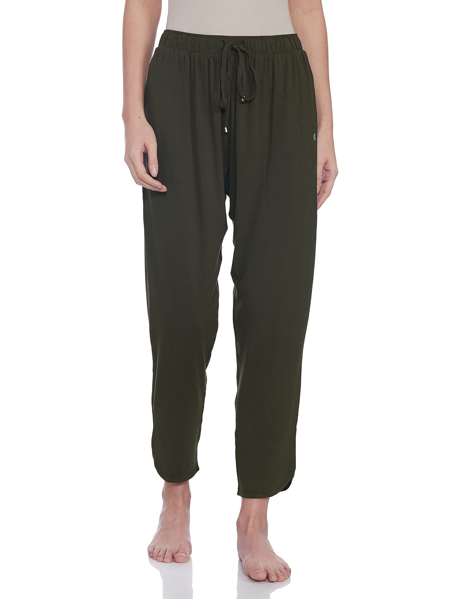 Enamor Essentials Women's Mid Rise 7/8th Relaxed Fit Soft & Drapey 4 Way Stretch Viscose Spandex Lounge Pants with 2 Side Pockets- E048(E048-Olive Night-L)