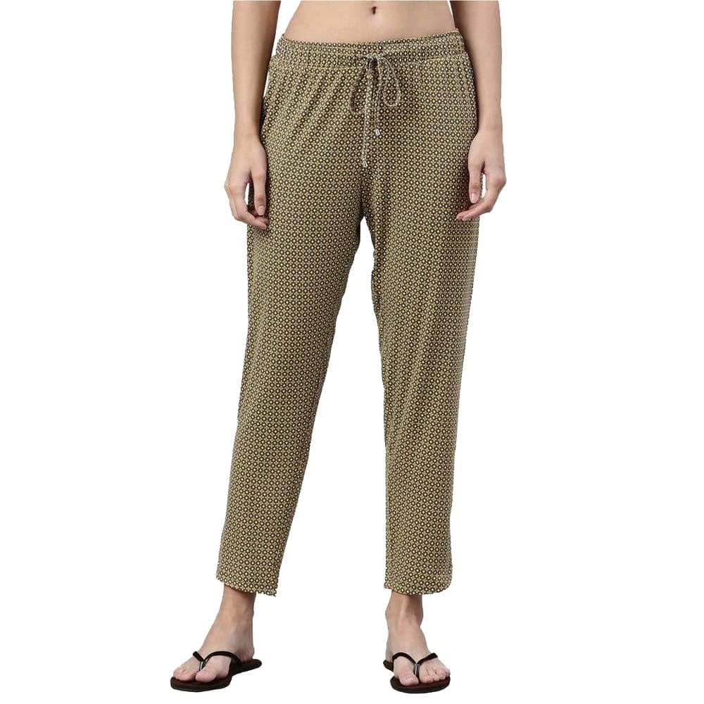 Enamor Essentials Women's Mid Rise 7/8th Relaxed Fit Soft & Drapey 4 Way Stretch Viscose Spandex Lounge Pants with 2 Side Pockets- E048(E048-Mocha Tile Aop-M)
