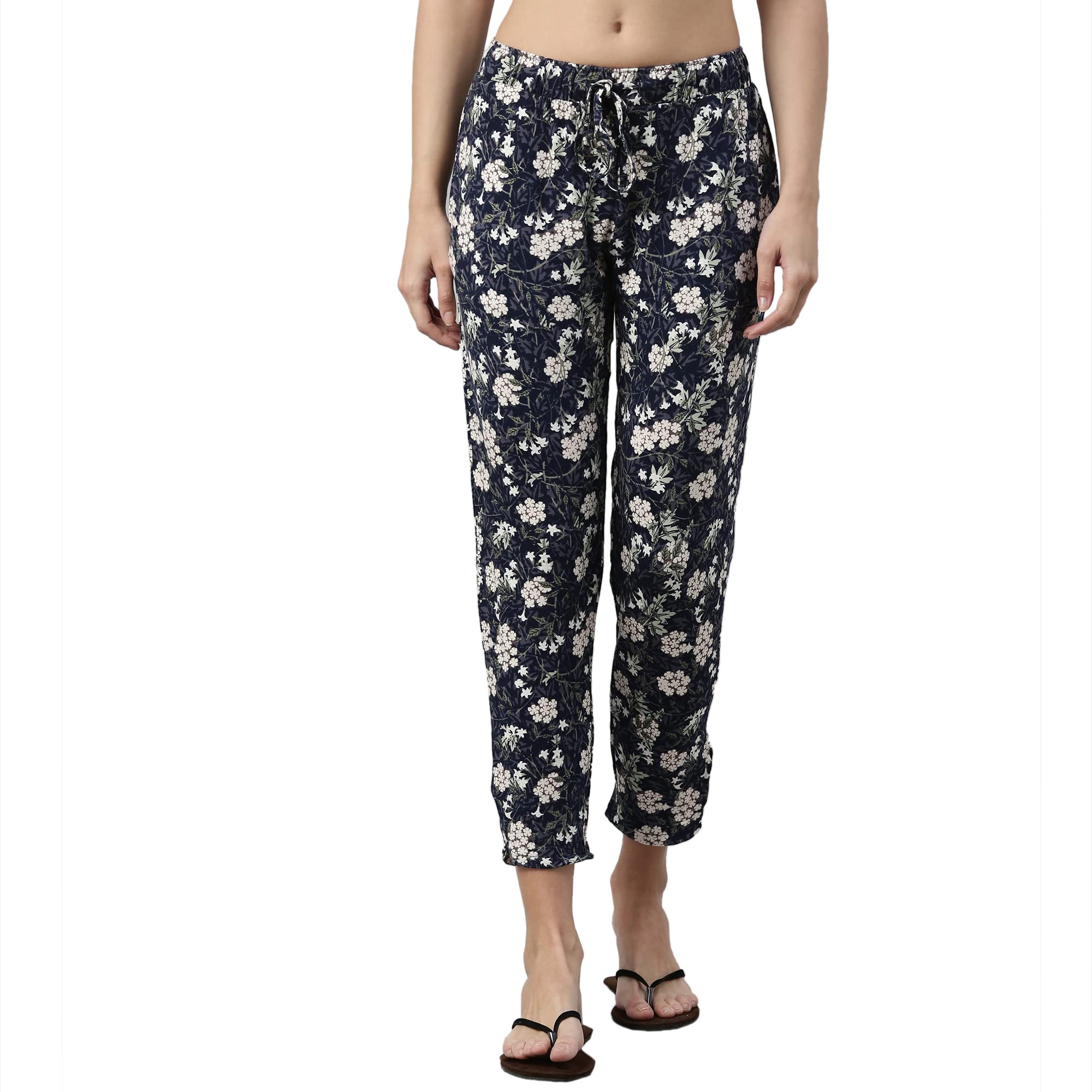 Enamor Essentials Women's Mid Rise 7/8th Relaxed Fit Soft & Drapey 4 Way Stretch Viscose Spandex Lounge Pants with 2 Side Pockets- E048(E048-Jungle AOP Navy Combo-XL)