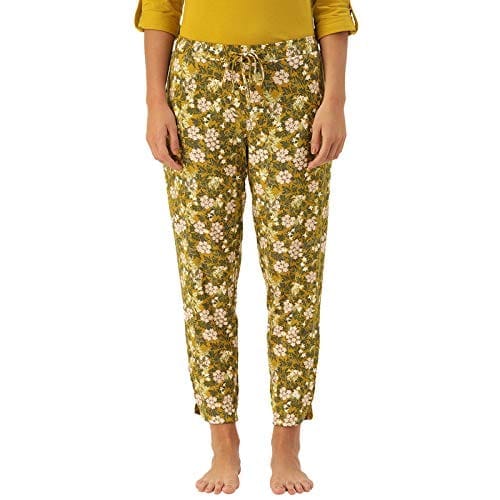 Enamor Essentials Women's Mid Rise 7/8th Relaxed Fit Soft & Drapey 4 Way Stretch Viscose Spandex Lounge Pants with 2 Side Pockets- E048(E048-Jungle Aop Mustard Combo-XXL)