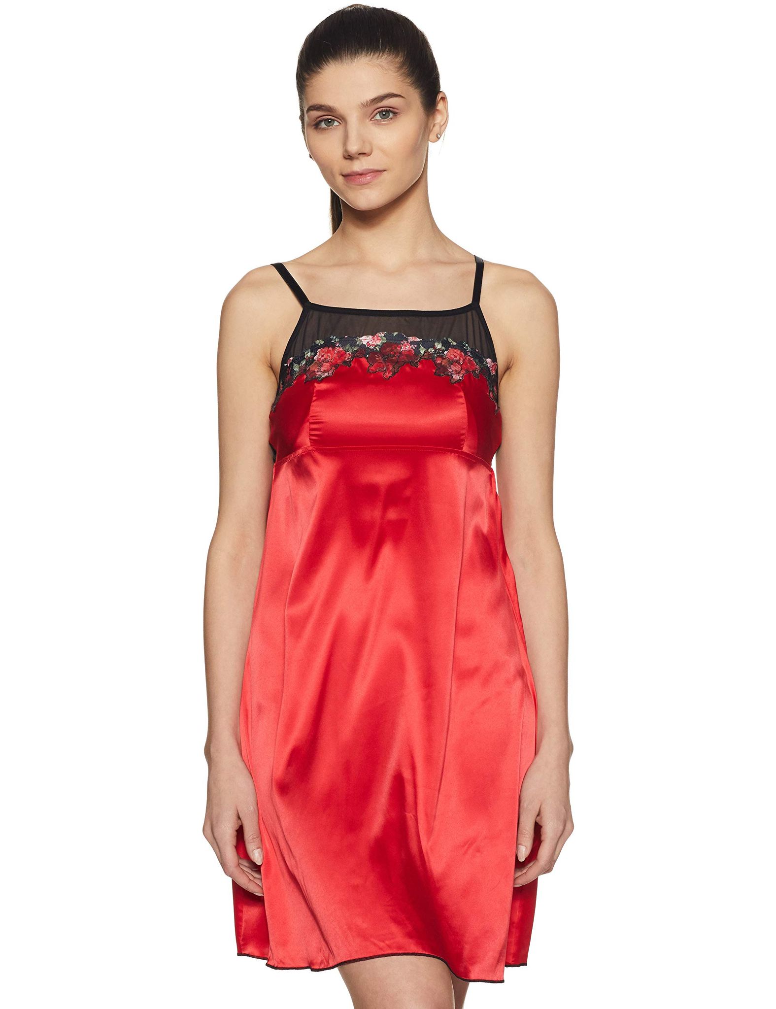 Enamor Women's Nylon Chemise (N004_Chinese Red_S)