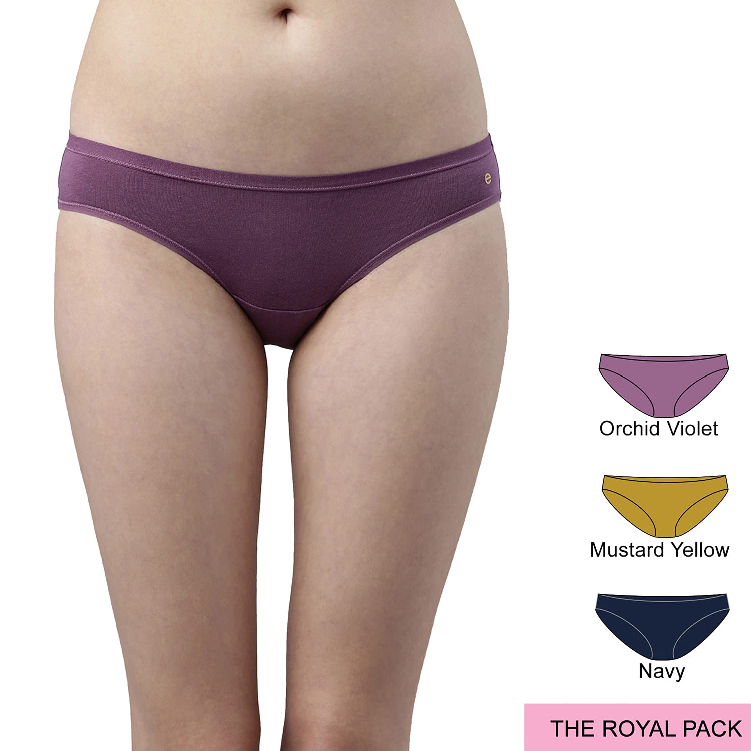 Enamor Womens CB01 Antimicrobial Stain Release Finish Full Coverage and Low Waist Stretch Cotton Bikini Style Underwear - CB01 - Mustard Yellow/Orchid Violet/Navy - XXL(Colors and Prints May Vary)