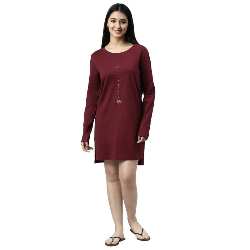 Enamor Essentials Relaxed Fit Full Sleeve Round Neck Cotton Tunic Tee with Side Slit for Womens-E161