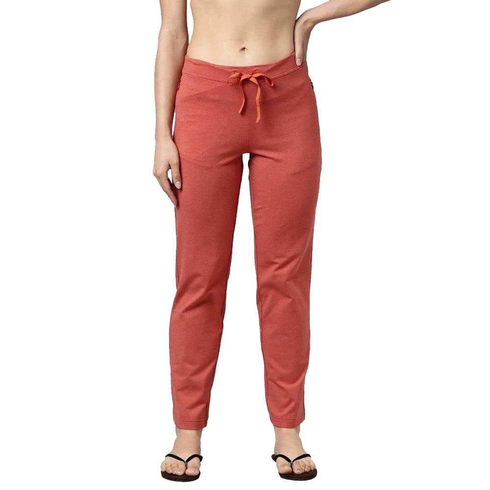 Enamor Essentials Women's Mid Rise Slim Fit Straight Leg Breathable Stretch Cotton Lounge Pants with Drawstring and Invisible Zipper Pockets- E014