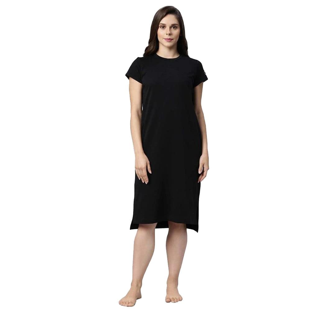 Enamor Essentials Women's Relaxed Fit Long Length Short Sleeve Crew Neck Cotton French Terry Lounge Dress with Onseam Pockets - E801