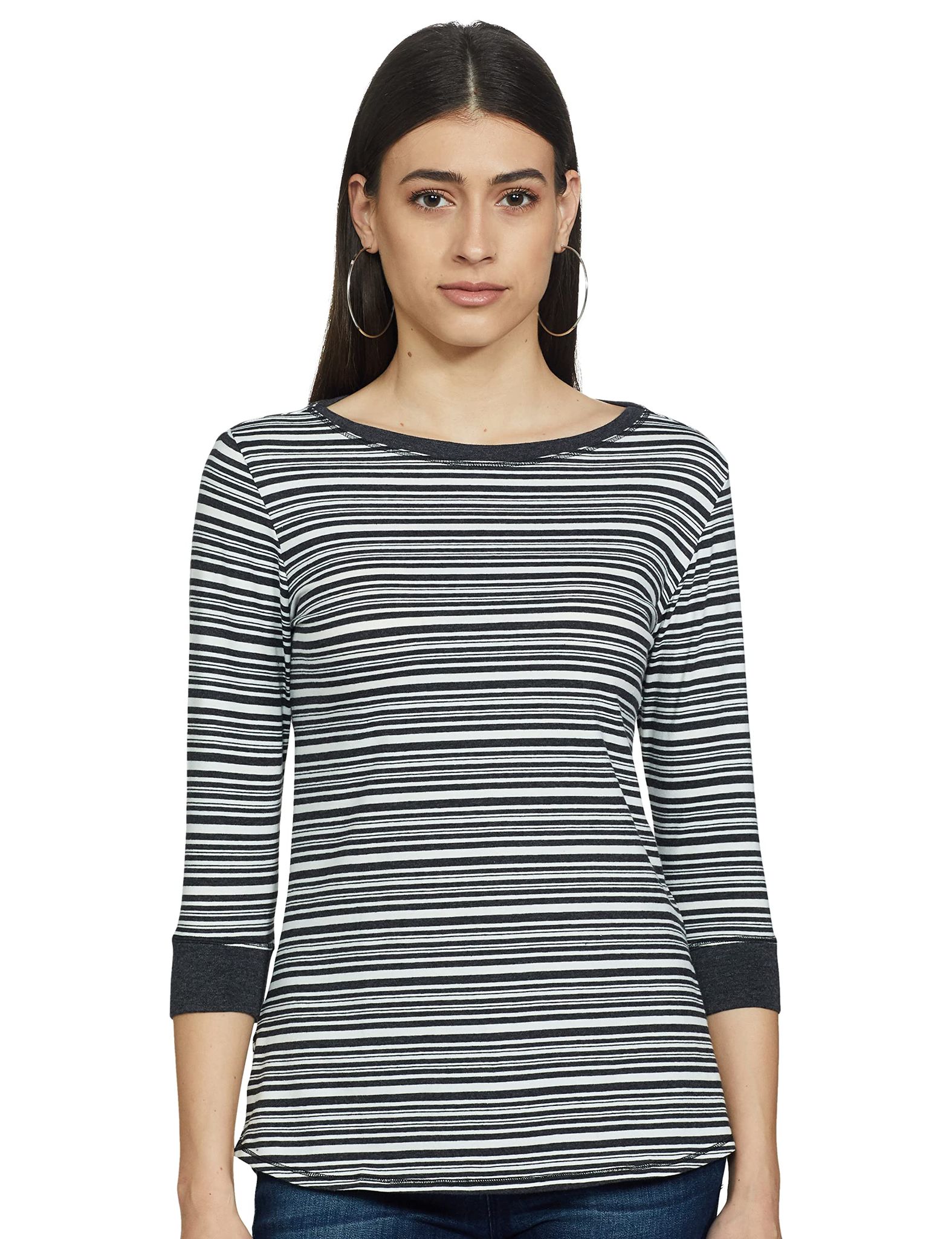 Enamor Essentials Women's Slim Fit 3/4th Sleeves Boat Neck Striped Cotton Lounge Tee with Side Slits- EA07