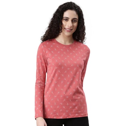 Enamor Women's Geometric Slim Fit T-Shirt (E257_Mineral Red-Dandelion AOP Enamor Women's Geometric Slim Fit T-Shirt (E257_Mineral Red-Dandelion AOP