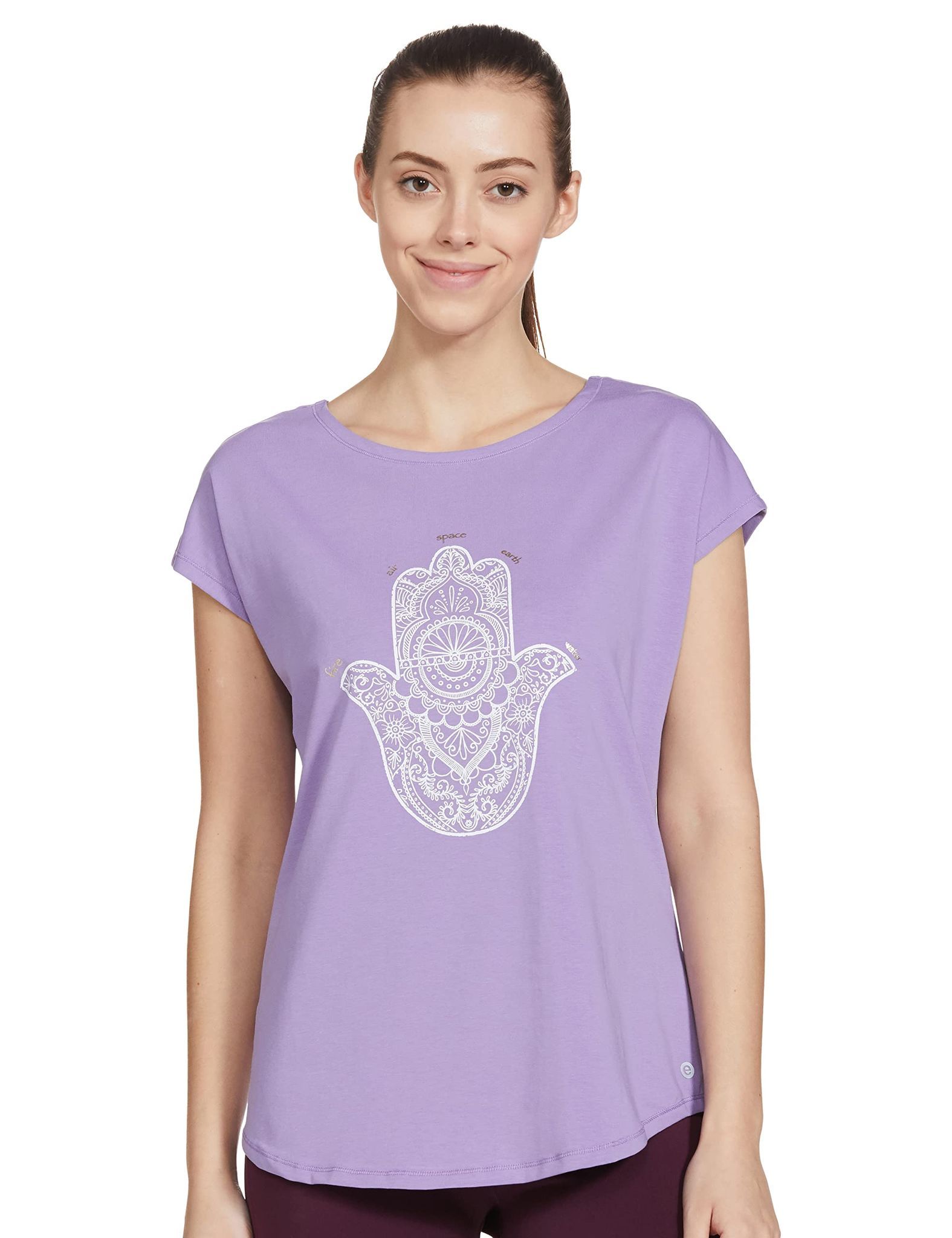 Enamor Athleisure Women's Relaxed Fit Long Length Short Sleeve Boat Neck 4 Way Stretch Antimicrobial Cotton Tee with Inspiring Graphics (E131-Chalky Violet /Hamsa Graphic-XL)