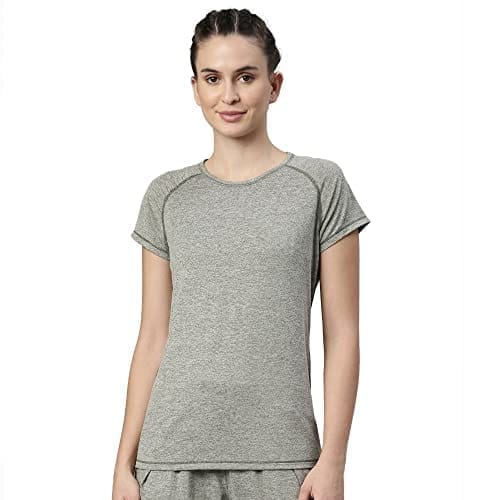 Enamor Athleisure Women's Raglan Sleeves Scoop Neck Slim Fit Quick Dry 4 Way Stretch Antimicrobial Active Tee with Reflective Graphic- E089(E089-Army Green Mel W/Matrix Ref-XXL)