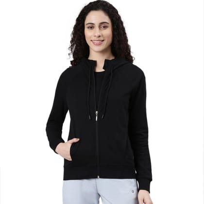 Enamor Women's Polyester Blend Hooded Neck Sweatshirt (E903_Black