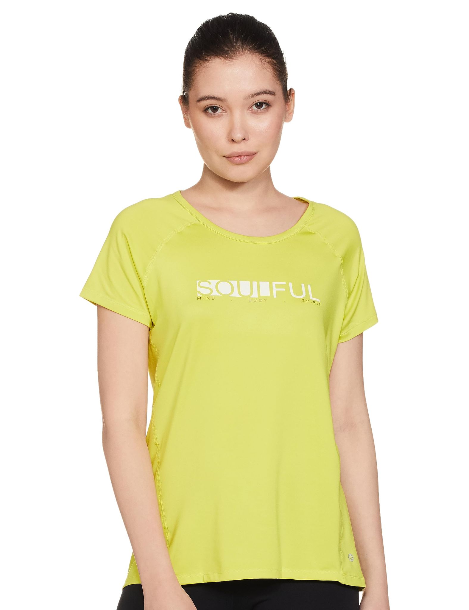 Enamor Athleisure Women's Polyester Relaxed Fit Long Length Raglan Sleeves Scoop Neck Quick Dry 4 Way Stretch Antimicrobial Graphic Tee - E163(E163-Lime Glow / Soulful Graphic-S)
