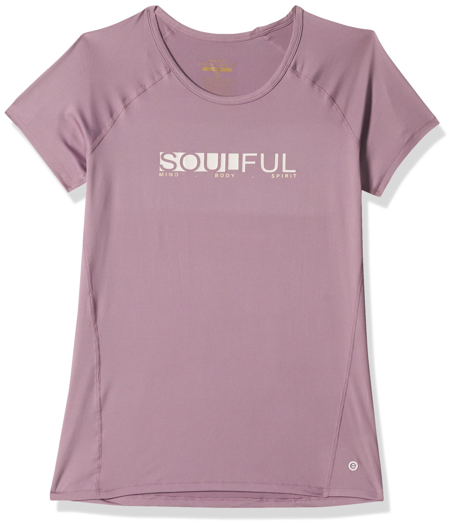 Enamor Athleisure Women's Polyester Relaxed Fit Long Length Raglan Sleeves Scoop Neck Quick Dry 4 Way Stretch Antimicrobial Graphic Tee - E163(E163-Mauve Pink / Soulful Graphic-S)