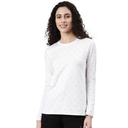 Enamor Women's Geometric Slim Fit T-Shirt (E257_Bright White-Dandelion AOP
