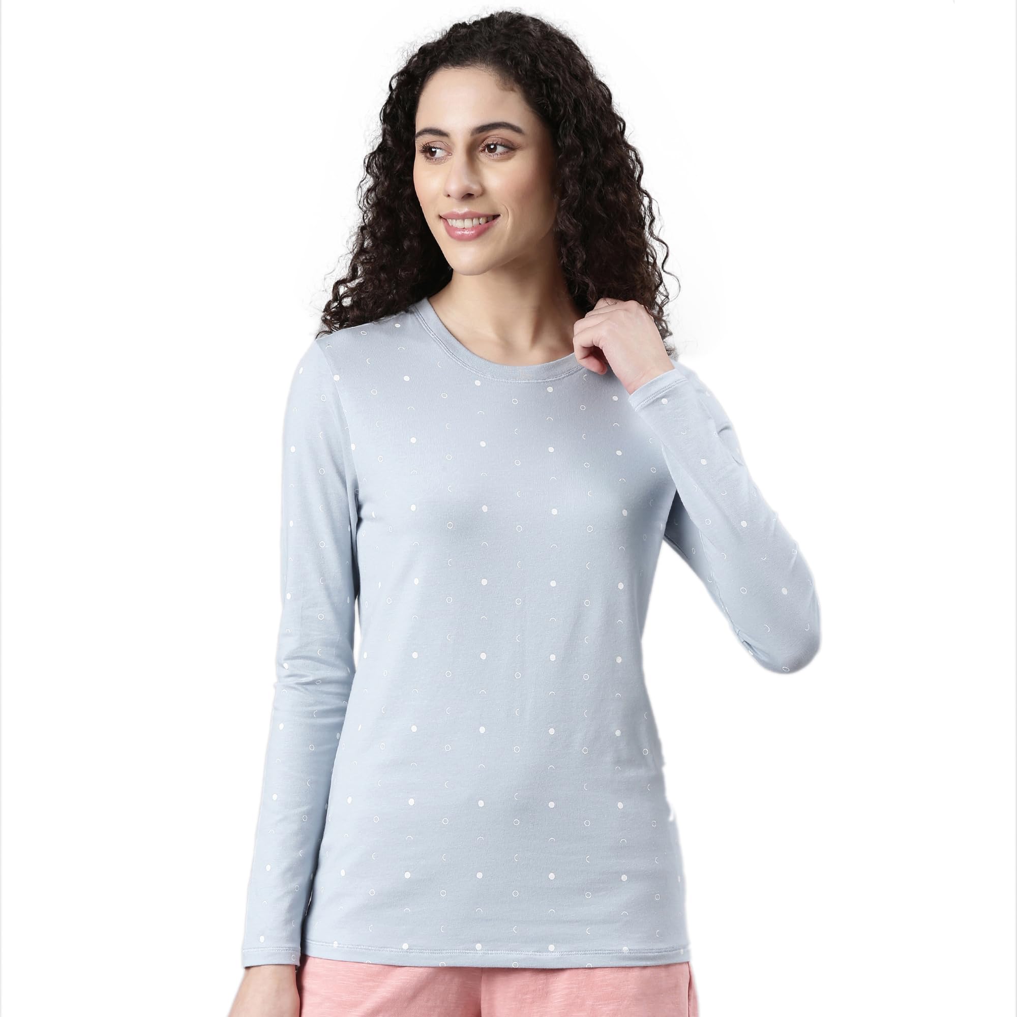 Enamor Women's Geometric Slim Fit T-Shirt (E257_Blue Fog Circle AOP