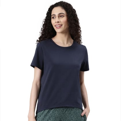 Enamor Women's Solid Relaxed Fit T-Shirt (E305_Space Blue