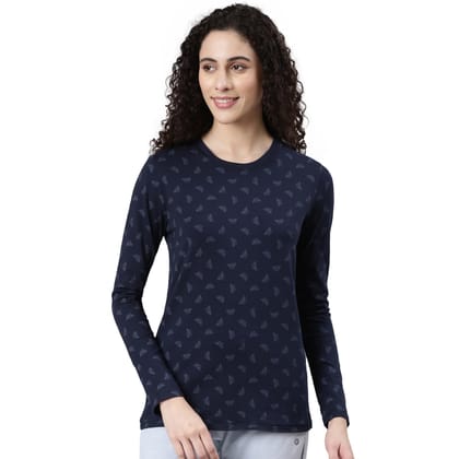 Enamor Women's Geometric Slim Fit T-Shirt (E257_Navy-Butterfly AOP