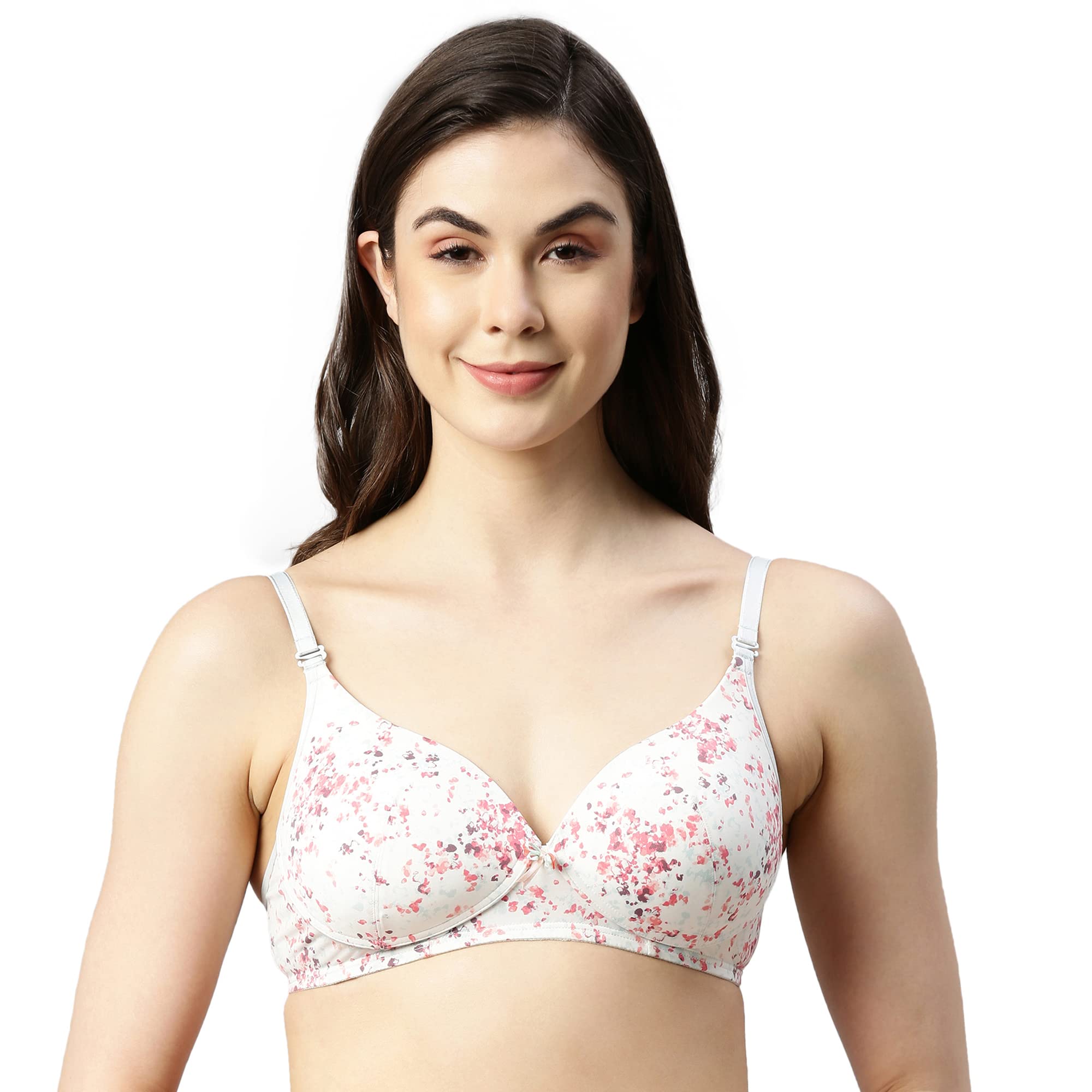 Enamor Women's F023 Nylon Perfect Plunge T-Shirt Bra - Padded Non Wired Medium Coverage(F023-Sorrento Print-38B) White