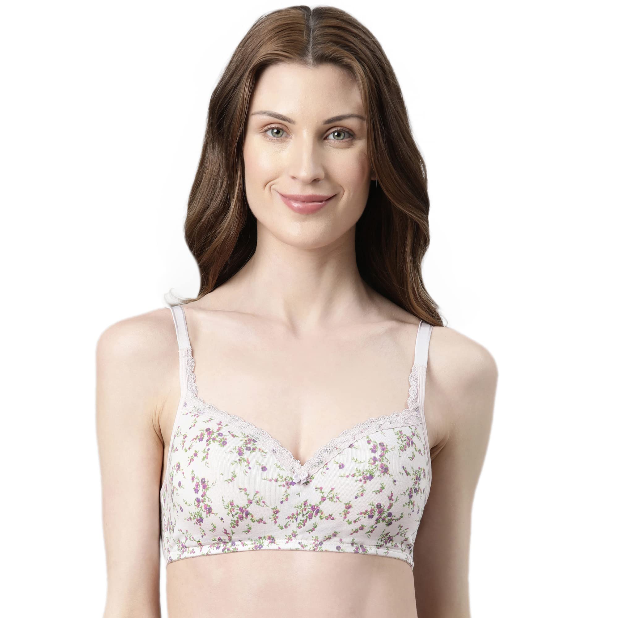 Enamor Women's Stretch Cotton Wire Free Casual T-Shirt Bra (A017_Pink Prim Rose Print