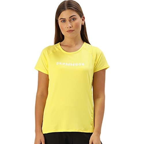 Enamor Athleisure Women's Polyester Relaxed Fit Long Length Raglan Sleeves Scoop Neck Quick Dry 4 Way Stretch Antimicrobial Graphic Tee - E163(E163-Lemon W/ Gratitude-XL)