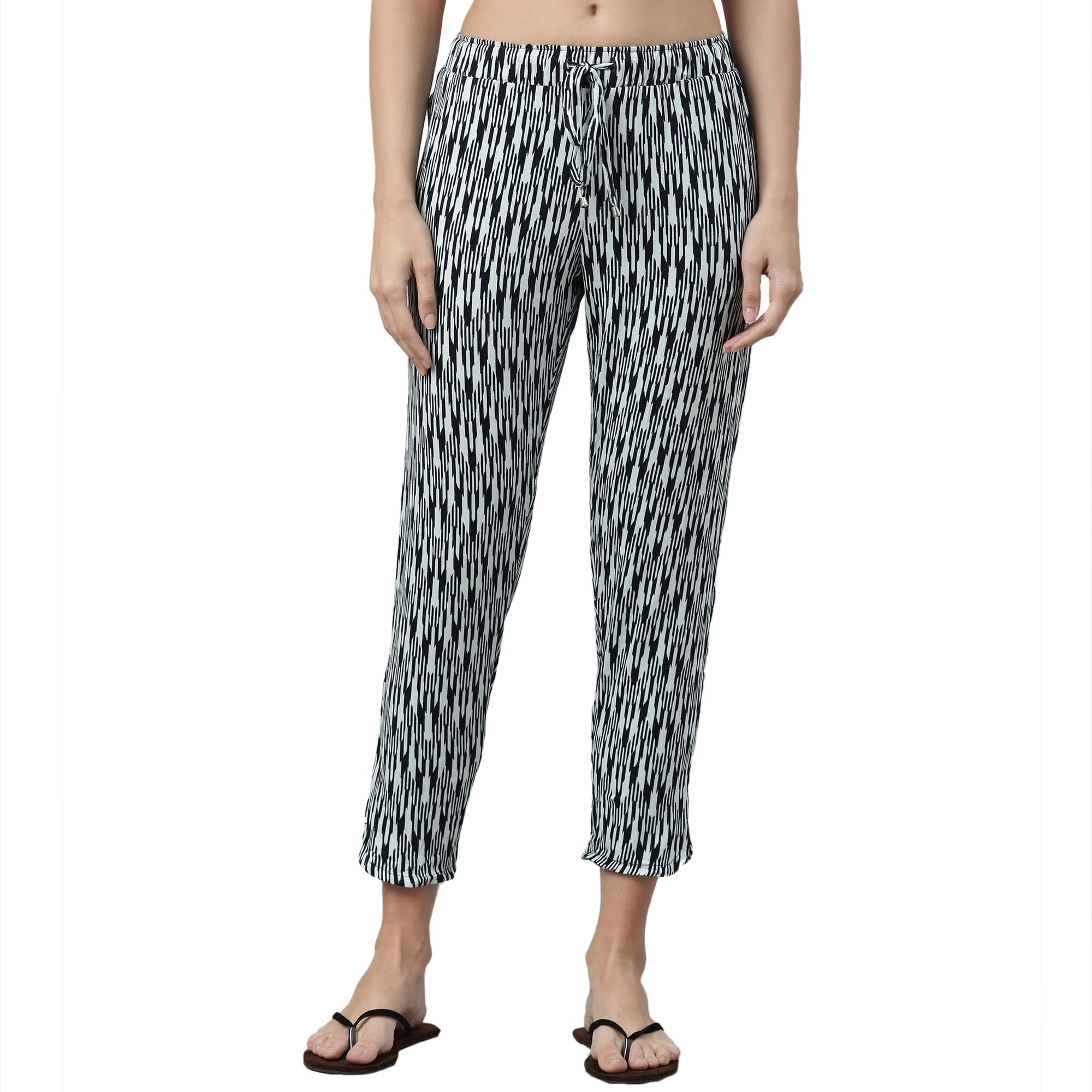 Enamor Essentials Women's Mid Rise 7/8th Relaxed Fit Soft & Drapey 4 Way Stretch Viscose Spandex Lounge Pants with 2 Side Pockets- E048(E048-Geo Ikat AOP Ice Blue Combo-S)