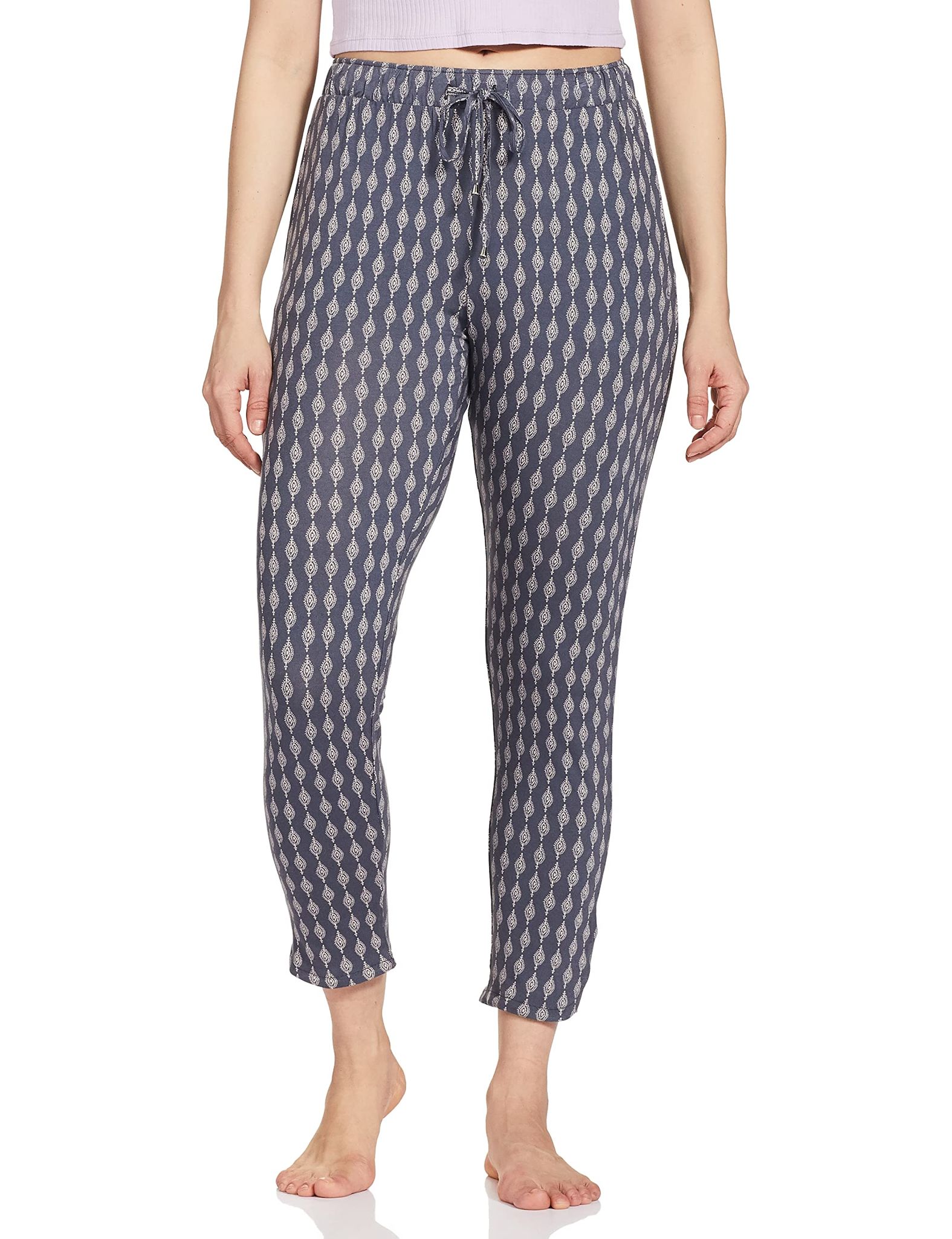 Enamor Essentials Women's Mid Rise 7/8th Relaxed Fit Soft & Drapey 4 Way Stretch Viscose Spandex Lounge Pants with 2 Side Pockets- E048(E048-Block Aop Blue Night Combo-L)