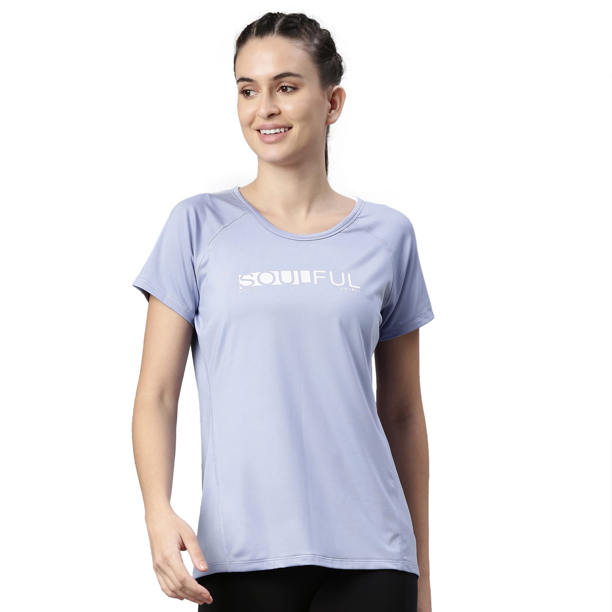 Enamor Athleisure Women's Polyester Relaxed Fit Long Length Raglan Sleeves Scoop Neck Quick Dry 4 Way Stretch Antimicrobial Graphic Tee - E163(E163-Powder Blue/ Soulful Graphic-XXL)