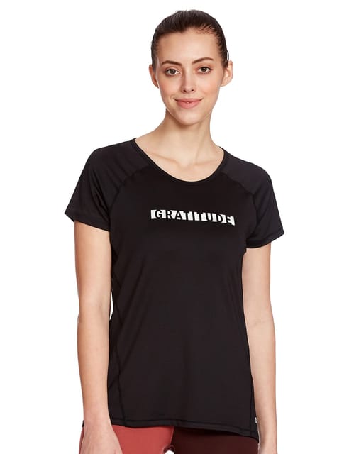 Enamor Athleisure Women's Polyester Relaxed Fit Long Length Raglan Sleeves  Scoop Neck Quick Dry 4 Way Stretch Antimicrobial Graphic Tee -  E163(E163-Jet Black W/ Gratitude-XL)