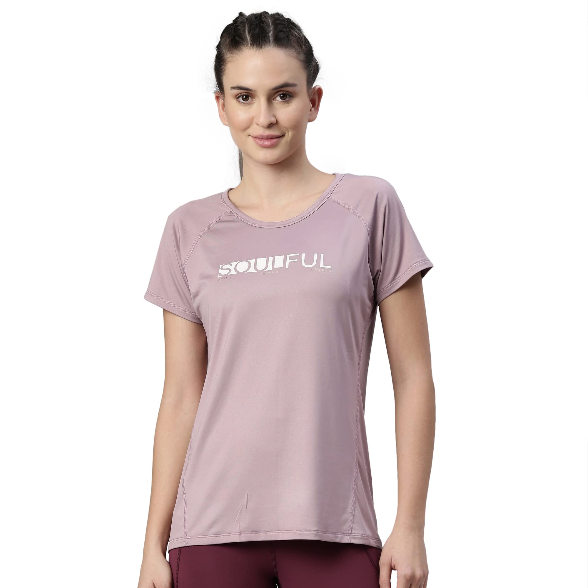 Enamor Athleisure Women's Polyester Relaxed Fit Long Length Raglan Sleeves Scoop Neck Quick Dry 4 Way Stretch Antimicrobial Graphic Tee - E163(E163-Mauve Pink / Soulful Graphic-M)