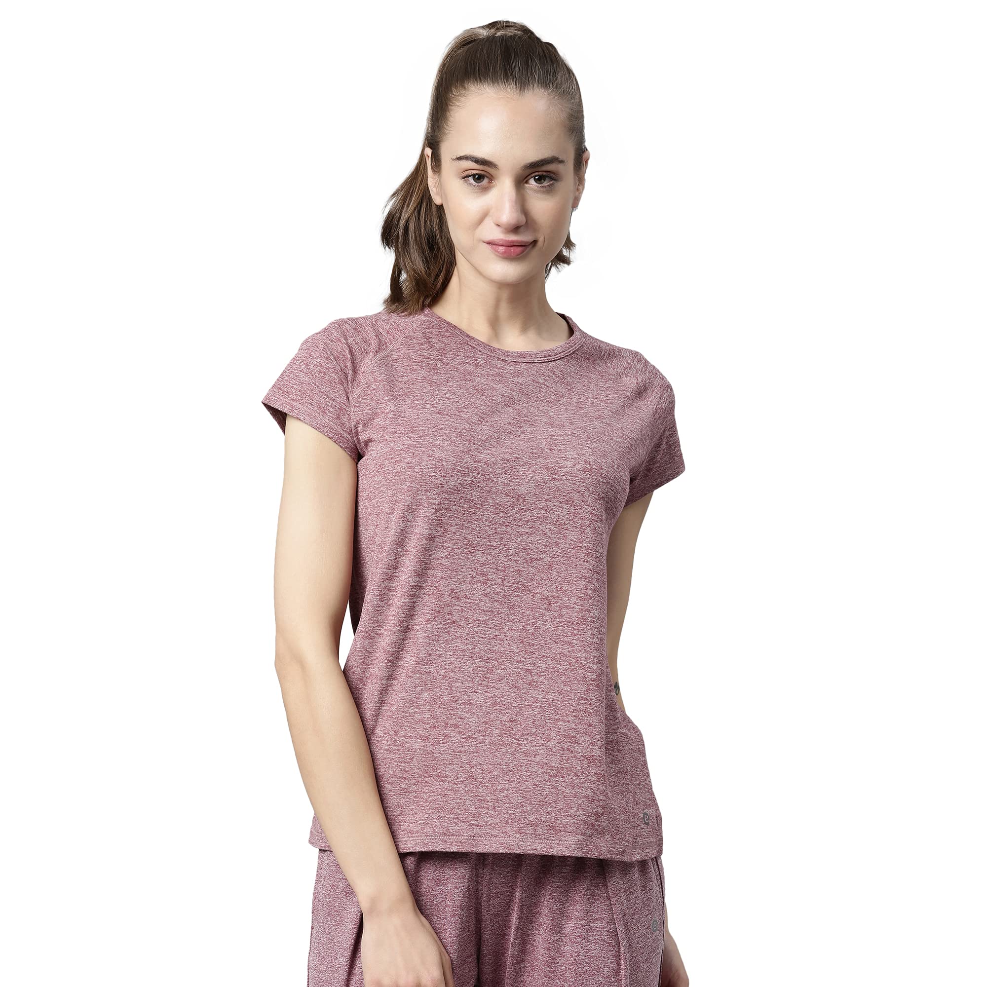 Enamor Athleisure Womens Raglan Sleeves Scoop Neck Slim Fit Quick Dry 4 Way Stretch Antimicrobial Active Tee with Reflective Graphic- E089-(E089_Burgundy Mel_L)