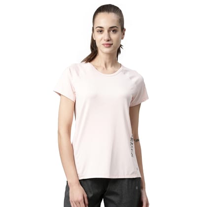 Enamor Athleisure Women's Polyester Relaxed Fit Long Length Raglan Sleeves Scoop Neck Quick Dry 4 Way Stretch Antimicrobial Graphic Tee - E163(E163-Shell Pink -L)
