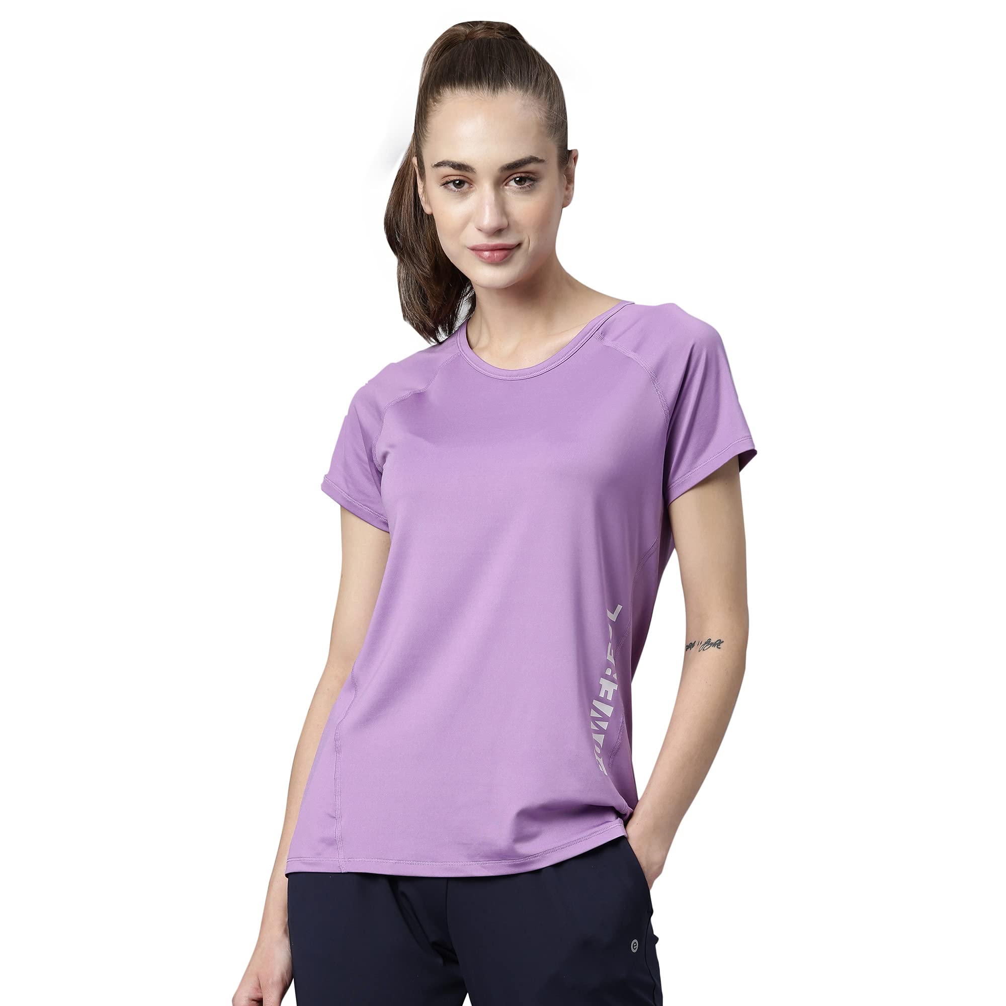 Enamor Athleisure Women's Polyester Relaxed Fit Long Length Raglan Sleeves Scoop Neck Quick Dry 4 Way Stretch Antimicrobial Graphic Tee - E163(E163-Orchid Glaze -XL)