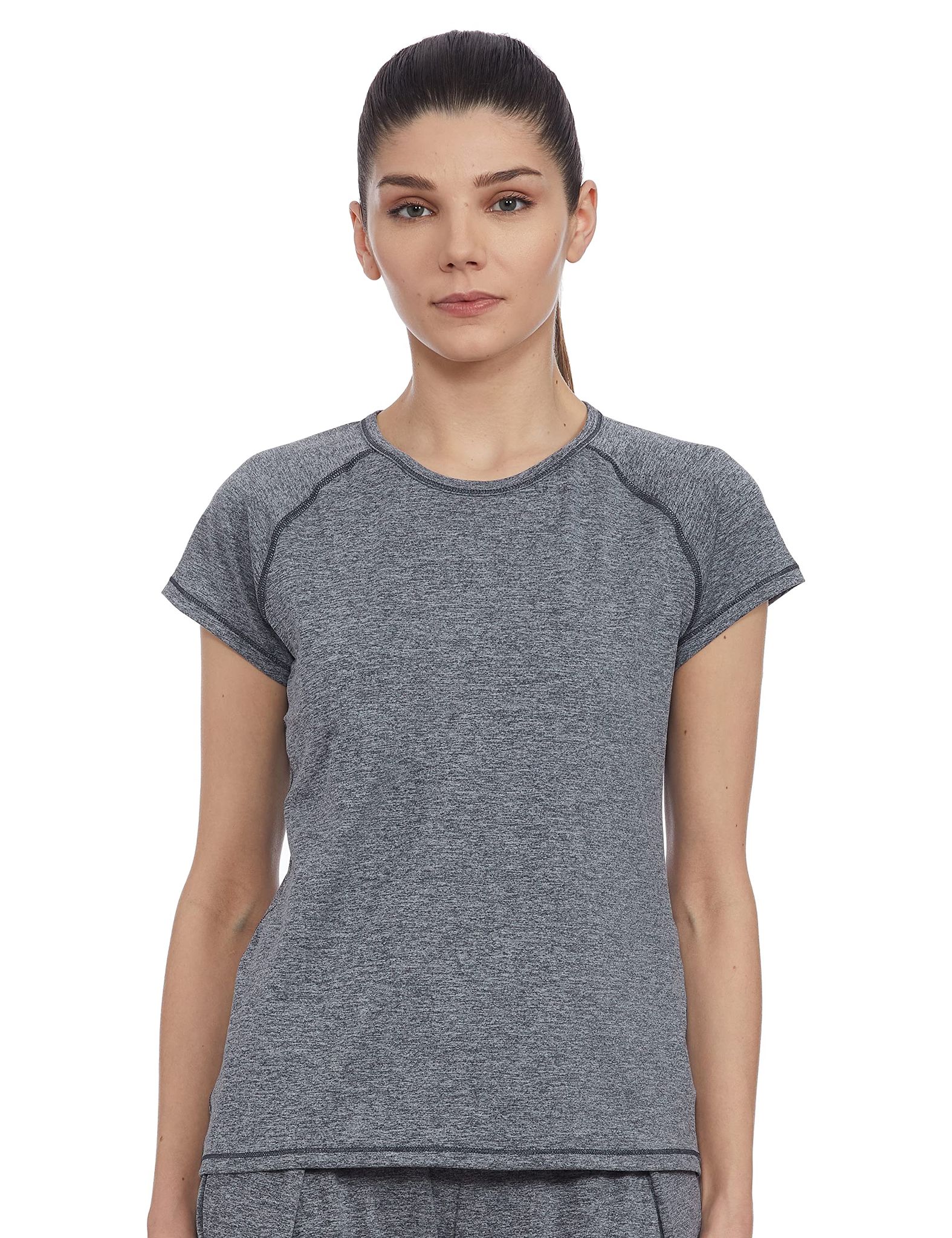 Enamor Athleisure Women's Raglan Sleeves Scoop Neck Slim Fit Quick Dry 4 Way Stretch Antimicrobial Active Tee with Reflective Graphic- E089(E089-Navy Melange-L)