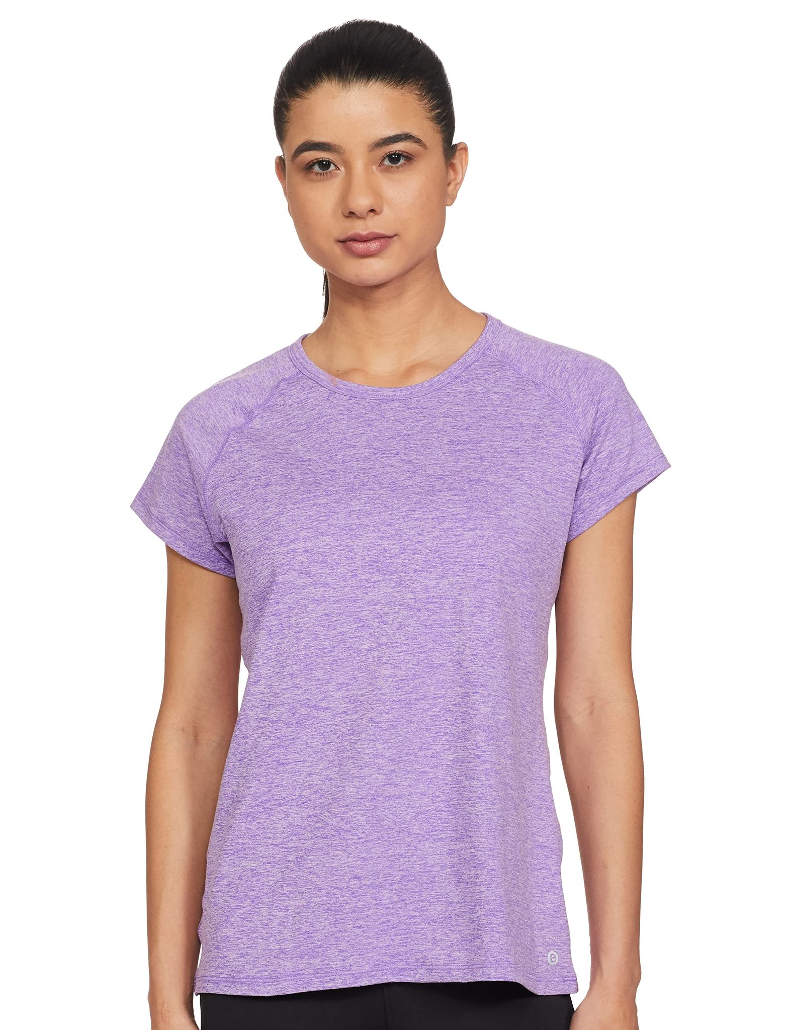 Enamor Athleisure Women's Raglan Sleeves Scoop Neck Slim Fit Quick Dry 4 Way Stretch Antimicrobial Active Tee with Reflective Graphic- E089(E089-Orchd Glaz Mel-XL)