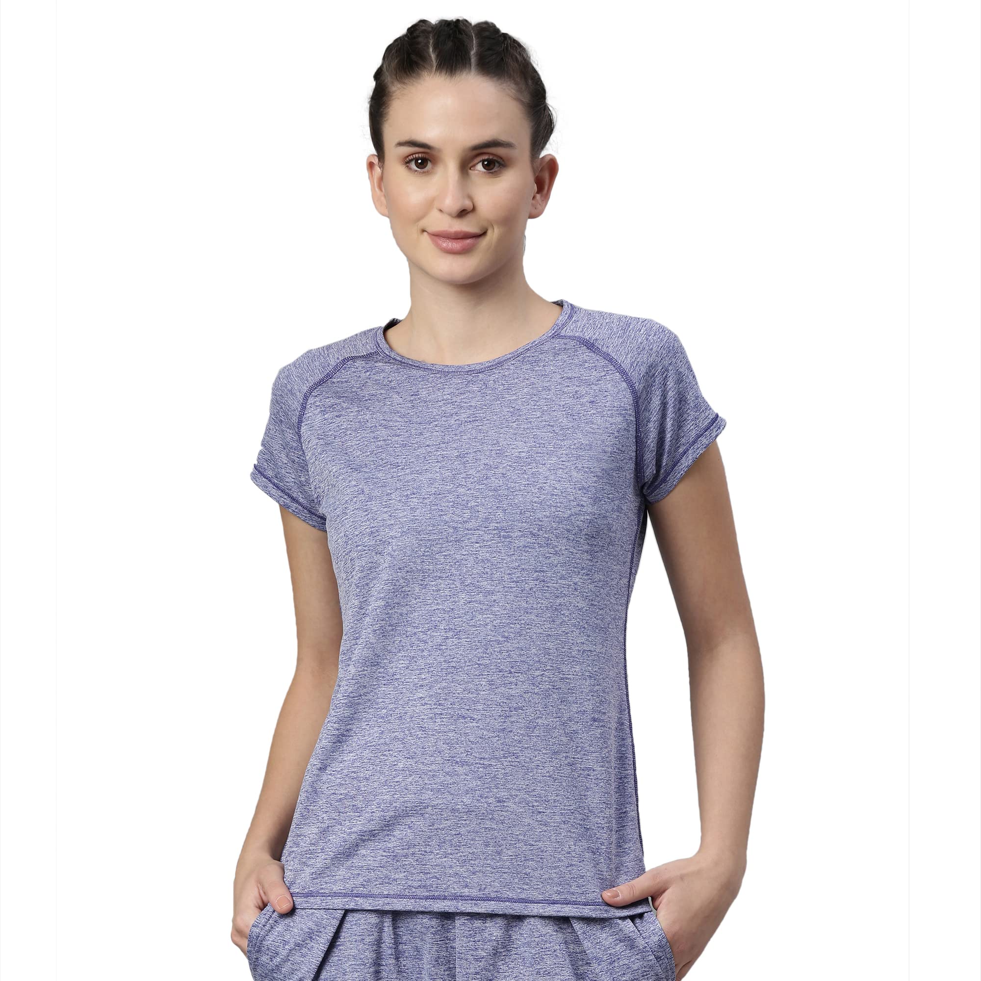Enamor Athleisure Women's Raglan Sleeves Scoop Neck Slim Fit Quick Dry 4 Way Stretch Antimicrobial Active Tee with Reflective Graphic- E089(E089-Greek Blue Melange/ Matrix Ref-XXL)
