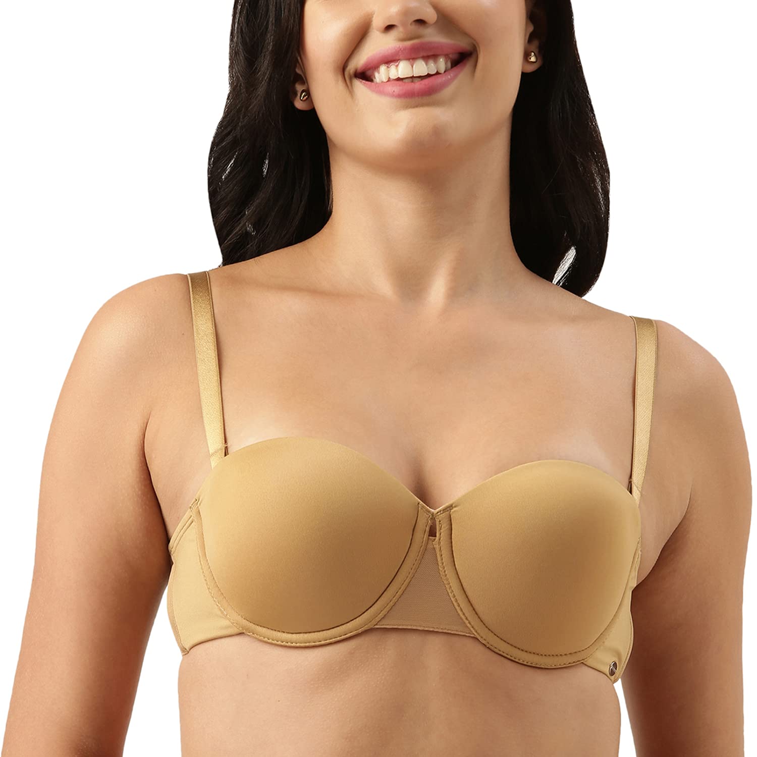 Enamor Women's Synthetic Curve Enhancing Lace Padded Wired and Medium Coverage Balconette Bra (F079_Skin_32B)