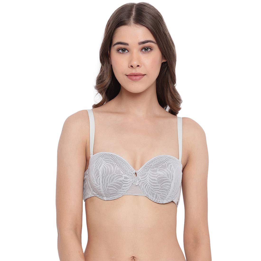 Enamor Women's Nylon, Spandex Padded Wired Plunge Bra (EBFGIF044SRI32D_Silver Ice_32D_Grey, Silver Ice_32)