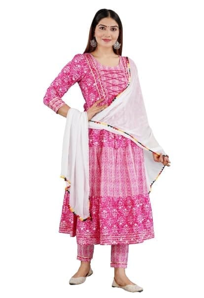 TRISHIKHA Women's Cotton Printed Flared Kurta and Pant with Dupatta Set
