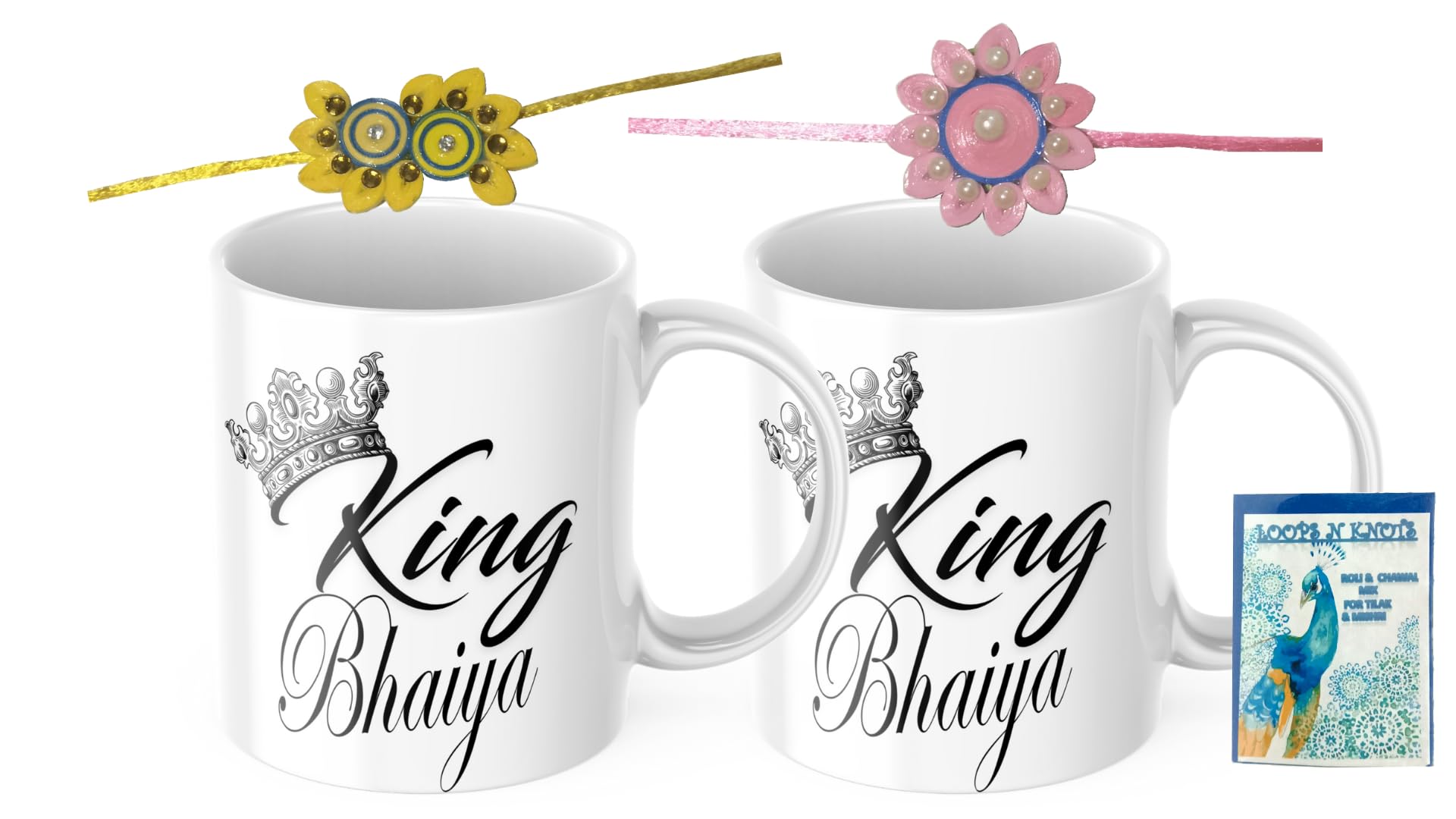 LOOPS N KNOTS Rakhi for Brother with Printed Ceramic Mug and Rakhi Combo |Pack of 2 Mugs& 2 Rakhi (Roli Chawal, Rakhi, Printed Mug,) | Best Rakhi Gift for Brother R&M386