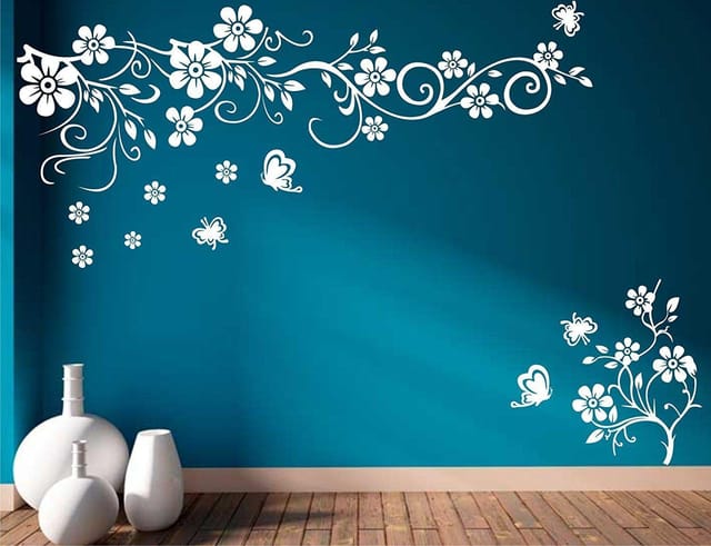 Sticker Studio Flower with Butterfly Wall Stickers for Living Room,  Bedroom, Office (Vinyl, Standard, White)