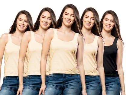 NRG Womens Cotton Assorted Colour Tank Top Half Slips ( Pack of 5 Skin - Skin - Skin - Skin - Black ) L12 Camisole