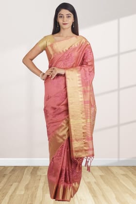 Berry Color Linen Saree With Embroidery