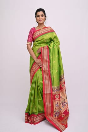 Alluring Parrot Green Pure Silk Paithani Saree