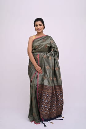 Elegant Olive Green Tussar Saree With Flawless Contrast Border