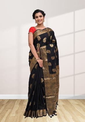 Black Semi Silk Saree With Modish Design and Zari Border