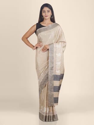 Graceful Cream and Black Linen Saree With Modish Work
